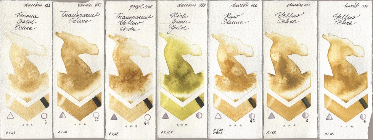 Daniel Smith 123 Verona Gold Ochre, Shminke Horadam Aquarell 657 Transparent Ochre, Golden QOR 445 Transparent Yellow Oxide, 099 Rich Green Gold, Holbein Artists Watercolor 132 Raw Sienna, 655 Yellow Ochre, 034 Yellow Och watercolor swatch