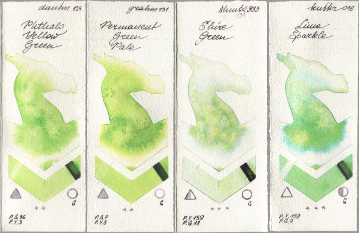 Daniel Smith 124 Phthalo Yellow Green, M. Graham & Co. Artists 131 Permanent Green Pale, Shminke Horadam Aquarell 933 Shire Green, Kusakabe 016 Lime Spark watercolor swatch