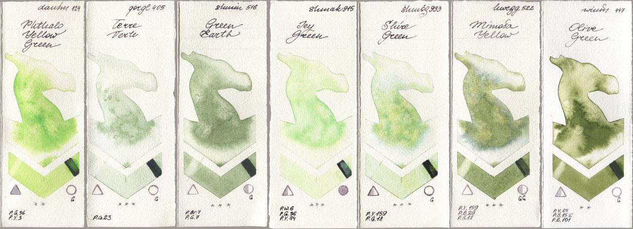 Daniel Smith 124 Phthalo Yellow Green, Golden QOR 405 Terre Verte, Shminke Horadam Aquarell 516 Green Earth, Shminke Akademie Aquarell 915 Icy Green, 933 Shire Green, Holbein Artists Watercolor 522 Mimosa Yellow, Winsor & Newton Professional 447 Olive Gre watercolor swatch