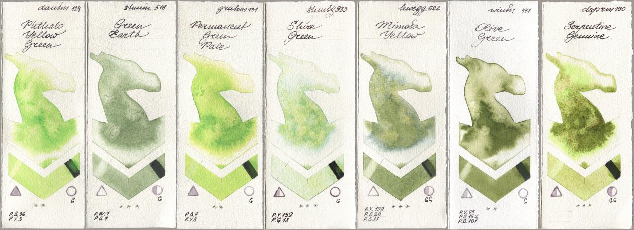 Daniel Smith 124 Phthalo Yellow Green, Shminke Horadam Aquarell 516 Green Earth, M. Graham & Co. Artists 131 Permanent Green Pale, 933 Shire Green, Holbein Artists Watercolor 522 Mimosa Yellow, Winsor & Newton Professional 447 Olive Green, 190 Serpentine Genui watercolor swatch