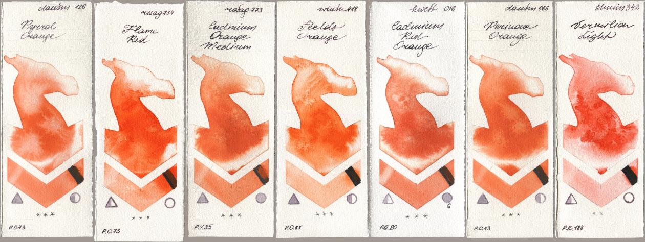 Daniel Smith 126 Pyrrol Orange, Rosa Gallery 734 Flame Red, 773 Cadmium Orange Medium, Winsor & Newton Professional 418 Fields Orange, Holbein Artists Watercolor 016 Cadmium Red Orange, 066 Perinone Orange, Shminke Horadam Aquarell 342 Vermilion Lig watercolor swatch