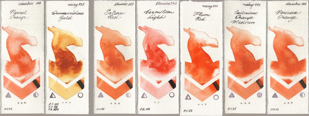 Daniel Smith 126 Pyrrol Orange, Rosa Gallery 735 Quinacridone Gold, Shminke Horadam Aquarell 359 Saturn Red, 342 Vermilion Light, 734 Flame Red, 773 Cadmium Orange Medium, 066 Perinone Oran watercolor swatch