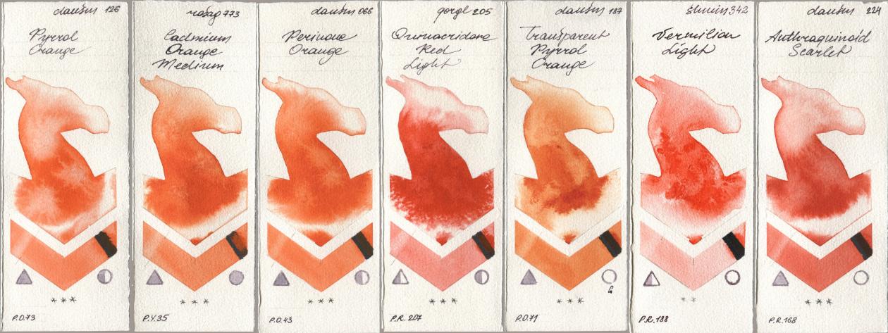 Daniel Smith 126 Pyrrol Orange, Rosa Gallery 773 Cadmium Orange Medium, 066 Perinone Orange, Golden QOR 205 Quinacridone Red Light, 187 Transparent Pyrrol Orange, Shminke Horadam Aquarell 342 Vermilion Light, 224 Anthraquinoid Scarl watercolor swatch