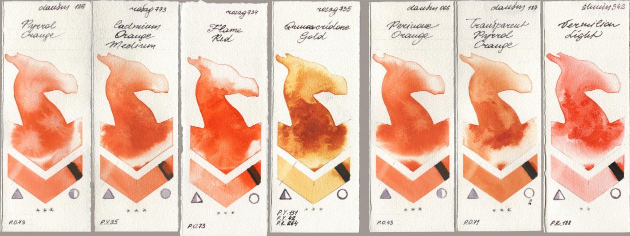 Daniel Smith 126 Pyrrol Orange, Rosa Gallery 773 Cadmium Orange Medium, 734 Flame Red, 735 Quinacridone Gold, 066 Perinone Orange, 187 Transparent Pyrrol Orange, Shminke Horadam Aquarell 342 Vermilion Lig watercolor swatch
