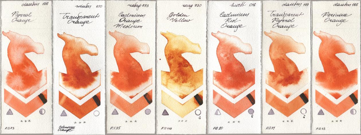 Daniel Smith 126 Pyrrol Orange, Winsor & Newton Professional 650 Transparent Orange, Rosa Gallery 773 Cadmium Orange Medium, 730 Golden Yellow, Holbein Artists Watercolor 016 Cadmium Red Orange, 187 Transparent Pyrrol Orange, 066 Perinone Oran watercolor swatch