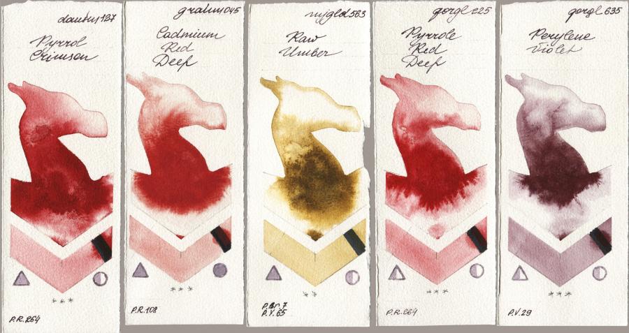 Daniel Smith 127 Pyrrol Crimson vs M. Graham & Co. Artists 045 Cadmium Red Deep vs Mijello Mission Gold 563 Raw Umber vs Golden QOR 225 Pyrrole Red Deep vs 635 Perylene Violet watercolor swatch