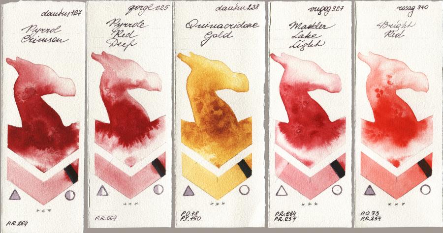 Daniel Smith 127 Pyrrol Crimson vs Golden QOR 225 Pyrrole Red Deep vs 238 Quinacridone Gold vs Royal Talens Van Gogh Watercolour 327 Madder Lake Light vs Rosa Gallery 740 Bright Red watercolor swatch
