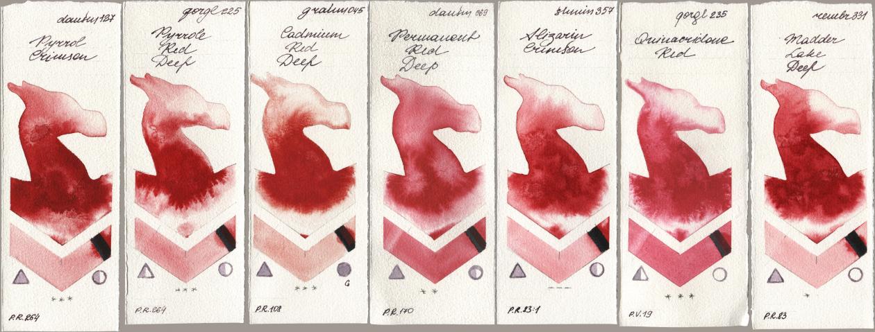 Daniel Smith 127 Pyrrol Crimson, Golden QOR 225 Pyrrole Red Deep, M. Graham & Co. Artists 045 Cadmium Red Deep, 069 Permanent Red Deep, Shminke Horadam Aquarell 357 Alizarin Crimson, 235 Quinacridone Red, Royal Talens Rembrandt Watercolour 331 Madder Lake De watercolor swatch