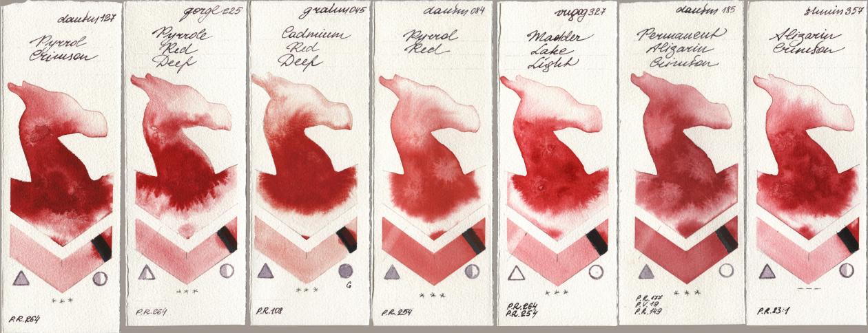 Daniel Smith 127 Pyrrol Crimson, Golden QOR 225 Pyrrole Red Deep, M. Graham & Co. Artists 045 Cadmium Red Deep, 084 Pyrrol Red, Royal Talens Van Gogh Watercolour 327 Madder Lake Light, 185 Permanent Alizarin Crimson, Shminke Horadam Aquarell 357 Alizarin Crims watercolor swatch