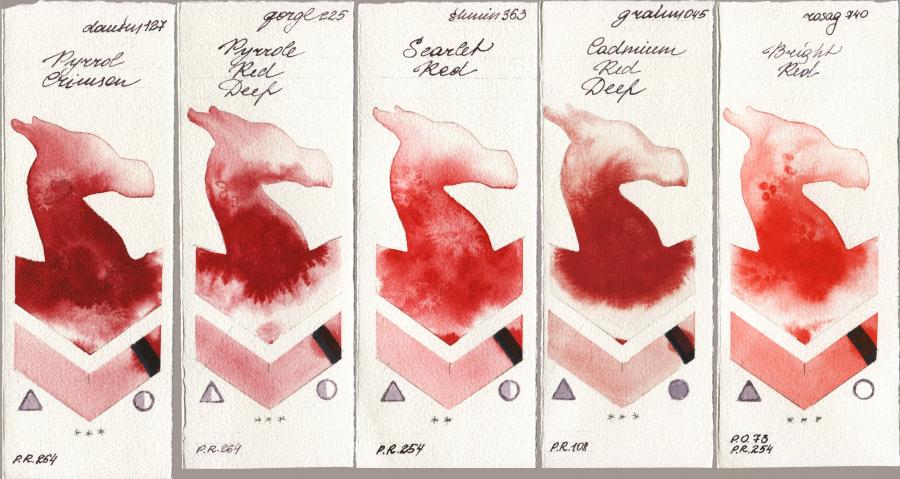 Daniel Smith 127 Pyrrol Crimson vs Golden QOR 225 Pyrrole Red Deep vs Shminke Horadam Aquarell 363 Scarlet Red vs M. Graham & Co. Artists 045 Cadmium Red Deep vs Rosa Gallery 740 Bright Red watercolor swatch