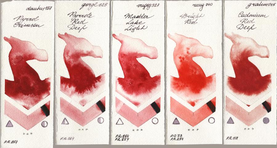 Daniel Smith 127 Pyrrol Crimson vs Golden QOR 225 Pyrrole Red Deep vs Royal Talens Van Gogh Watercolour 327 Madder Lake Light vs Rosa Gallery 740 Bright Red vs M. Graham & Co. Artists 045 Cadmium Red Deep watercolor swatch