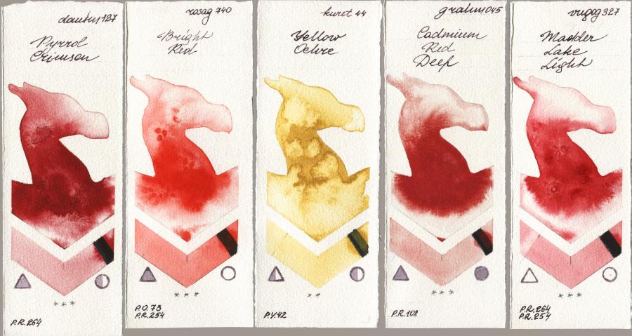 Daniel Smith 127 Pyrrol Crimson vs Rosa Gallery 740 Bright Red vs Kuretake Gansai Tambi 044 Yellow Ochre vs M. Graham & Co. Artists 045 Cadmium Red Deep vs Royal Talens Van Gogh Watercolour 327 Madder Lake Light watercolor swatch