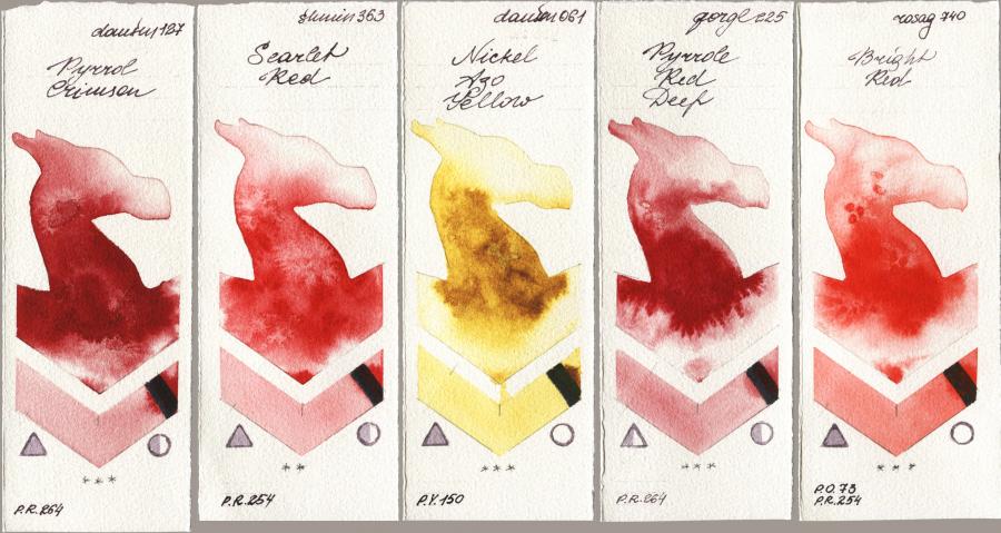 Daniel Smith 127 Pyrrol Crimson vs Shminke Horadam Aquarell 363 Scarlet Red vs 061 Nickel Azo Yellow vs Golden QOR 225 Pyrrole Red Deep vs Rosa Gallery 740 Bright Red watercolor swatch