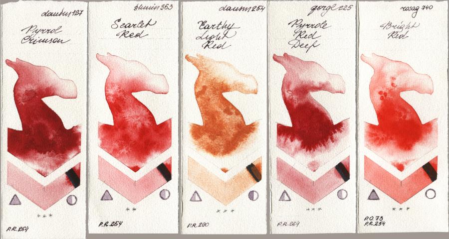 Daniel Smith 127 Pyrrol Crimson vs Shminke Horadam Aquarell 363 Scarlet Red vs 254 Earthy Light Red vs Golden QOR 225 Pyrrole Red Deep vs Rosa Gallery 740 Bright Red watercolor swatch