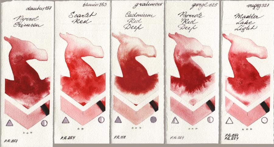 Daniel Smith 127 Pyrrol Crimson vs Shminke Horadam Aquarell 363 Scarlet Red vs M. Graham & Co. Artists 045 Cadmium Red Deep vs Golden QOR 225 Pyrrole Red Deep vs Royal Talens Van Gogh Watercolour 327 Madder Lake Light watercolor swatch