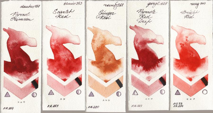 Daniel Smith 127 Pyrrol Crimson vs Shminke Horadam Aquarell 363 Scarlet Red vs Roman Szmal Aquarius 368 Genger Red vs Golden QOR 225 Pyrrole Red Deep vs Rosa Gallery 740 Bright Red watercolor swatch