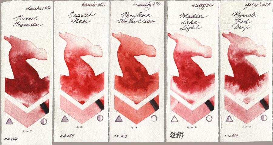 Daniel Smith 127 Pyrrol Crimson vs Shminke Horadam Aquarell 363 Scarlet Red vs Roman Szmal Aquarius 370 Perylene Vermillion vs Royal Talens Van Gogh Watercolour 327 Madder Lake Light vs Golden QOR 225 Pyrrole Red Deep watercolor swatch