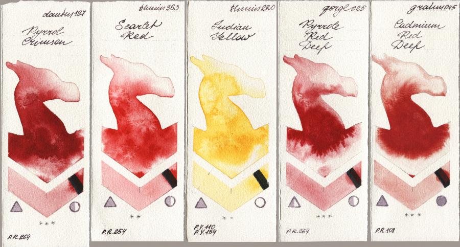 Daniel Smith 127 Pyrrol Crimson vs Shminke Horadam Aquarell 363 Scarlet Red vs 220 Indian Yellow vs Golden QOR 225 Pyrrole Red Deep vs M. Graham & Co. Artists 045 Cadmium Red Deep watercolor swatch