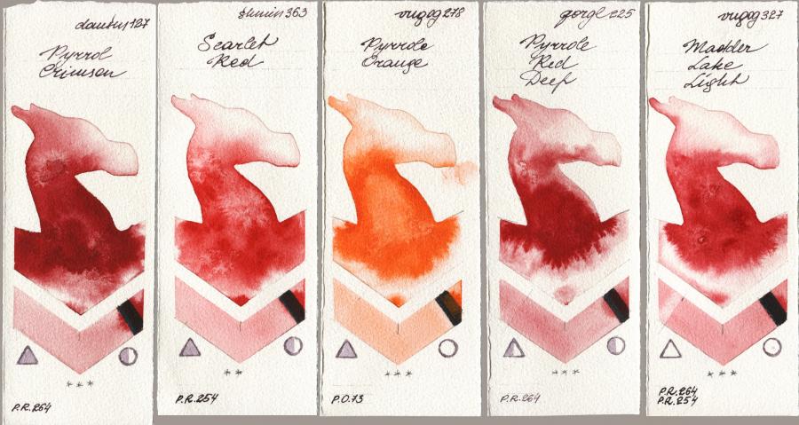 Daniel Smith 127 Pyrrol Crimson vs Shminke Horadam Aquarell 363 Scarlet Red vs Royal Talens Van Gogh Watercolour 278 Pyrrole Orange vs Golden QOR 225 Pyrrole Red Deep vs 327 Madder Lake Light watercolor swatch