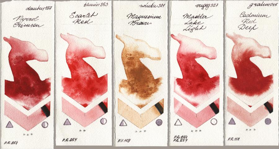 Daniel Smith 127 Pyrrol Crimson vs Shminke Horadam Aquarell 363 Scarlet Red vs Winsor & Newton Professional 381 Magnesuim Brown vs Royal Talens Van Gogh Watercolour 327 Madder Lake Light vs M. Graham & Co. Artists 045 Cadmium Red Deep watercolor swatch
