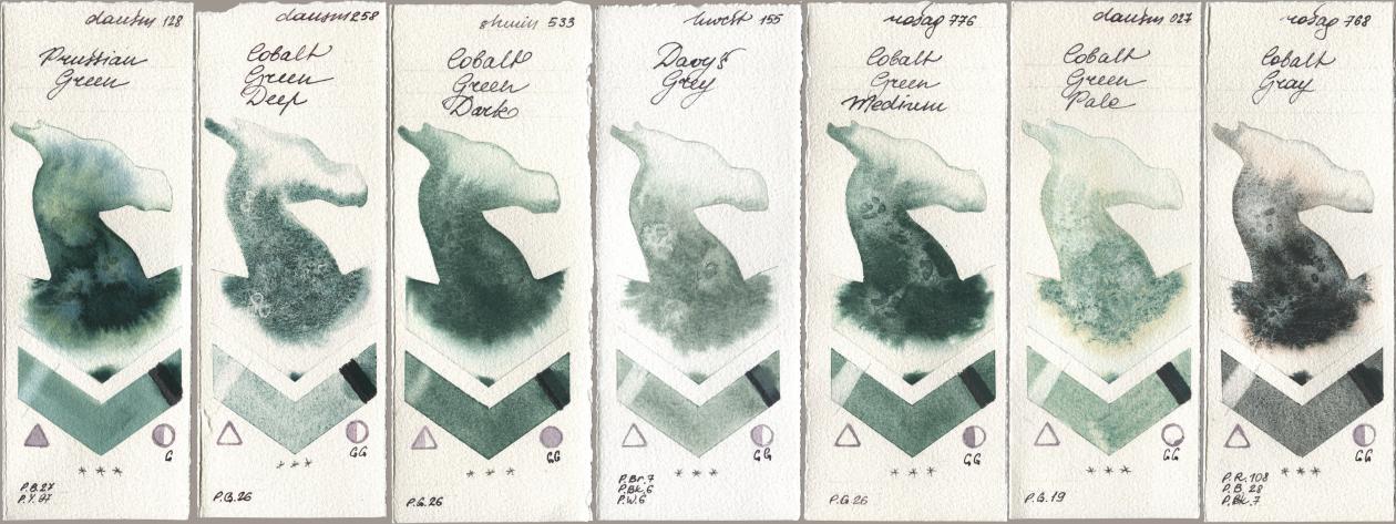 Daniel Smith 128 Prussian Green, 258 Cobalt Green Deep, Shminke Horadam Aquarell 533 Cobalt Green Dark, Holbein Artists Watercolor 155 Davys Grey, Rosa Gallery 776 Cobalt Green Medium, 027 Cobalt Green Pale, 768 Cobalt Gr watercolor swatch