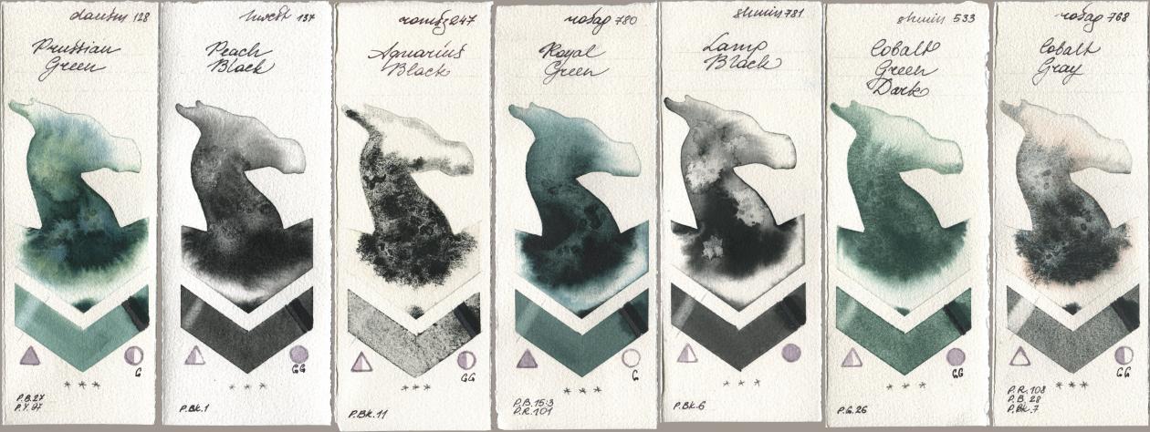 Daniel Smith 128 Prussian Green, Holbein Artists Watercolor 137 Peach Black, Roman Szmal Aquarius 247 Aquarius Black, Rosa Gallery 780 Royal Green, Shminke Horadam Aquarell 781 Lamp Black, 533 Cobalt Green Dark, 768 Cobalt Gr watercolor swatch