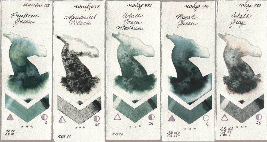 Daniel Smith 128 Prussian Green, Roman Szmal Aquarius 247 Aquarius Black, Rosa Gallery 776 Cobalt Green Medium, 780 Royal Green, 768 Cobalt Gr watercolor swatch
