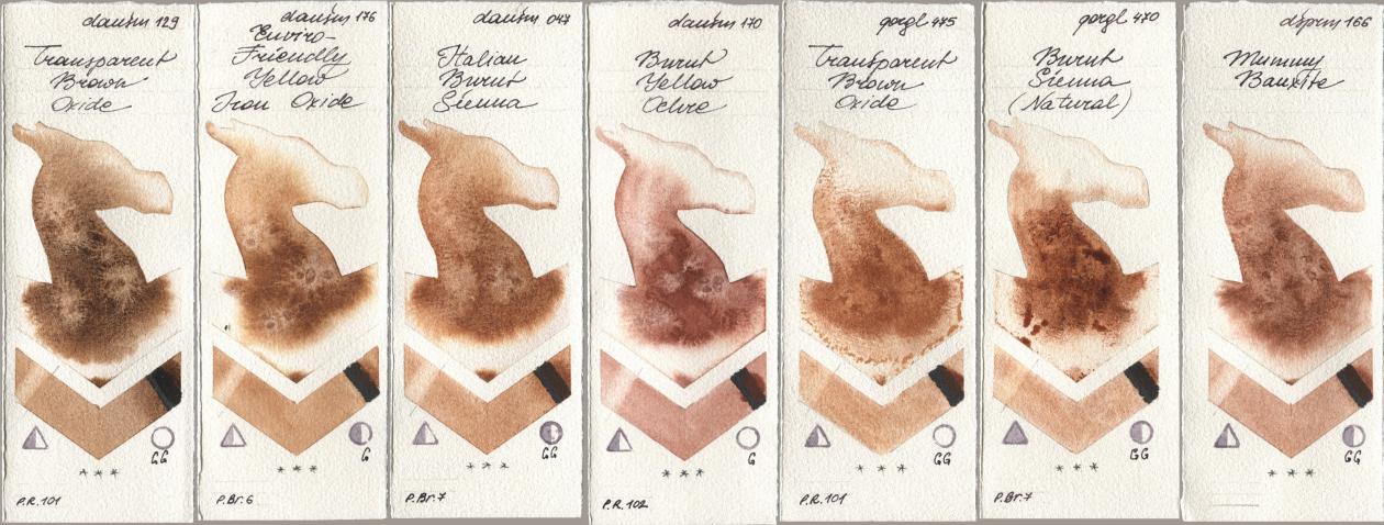 Daniel Smith 129 Transparent Brown Oxide, 176 Enviro-Friendly Yellow Iron Oxide, 047 Italian Burnt Sienna, 170 Burnt Yellow Ochre, Golden QOR 475 Transparent Brown Oxide, 470 Burnt Sienna (Natural), 166 Mummy Bauxi watercolor swatch