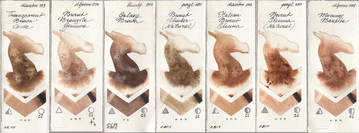 Daniel Smith 129 Transparent Brown Oxide, 204 Burnt Bronzite Genuine, Shminke Horadam Aquarell 974 Galaxy Brown, Golden QOR 480 Burnt Umber (Natural), 047 Italian Burnt Sienna, 470 Burnt Sienna (Natural), 166 Mummy Bauxi watercolor swatch