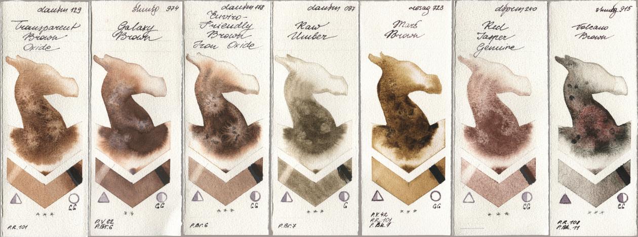 Daniel Smith 129 Transparent Brown Oxide, Shminke Horadam Aquarell 974 Galaxy Brown, 178 Enviro-Friendly Brown Iron Oxide, 097 Raw Umber, Rosa Gallery 723 Mars Brown, 240 Red Jasper Genuine, 915 Volcano Bro watercolor swatch