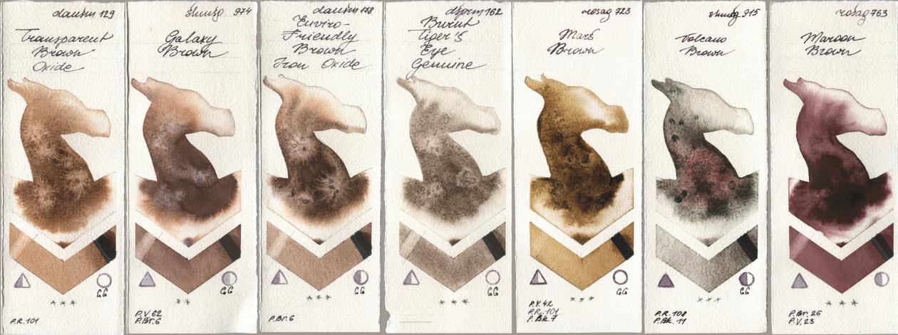 Daniel Smith 129 Transparent Brown Oxide, Shminke Horadam Aquarell 974 Galaxy Brown, 178 Enviro-Friendly Brown Iron Oxide, 162 Burnt Tigers Eye Genuine, Rosa Gallery 723 Mars Brown, 915 Volcano Brown, 763 Maroon Bro watercolor swatch