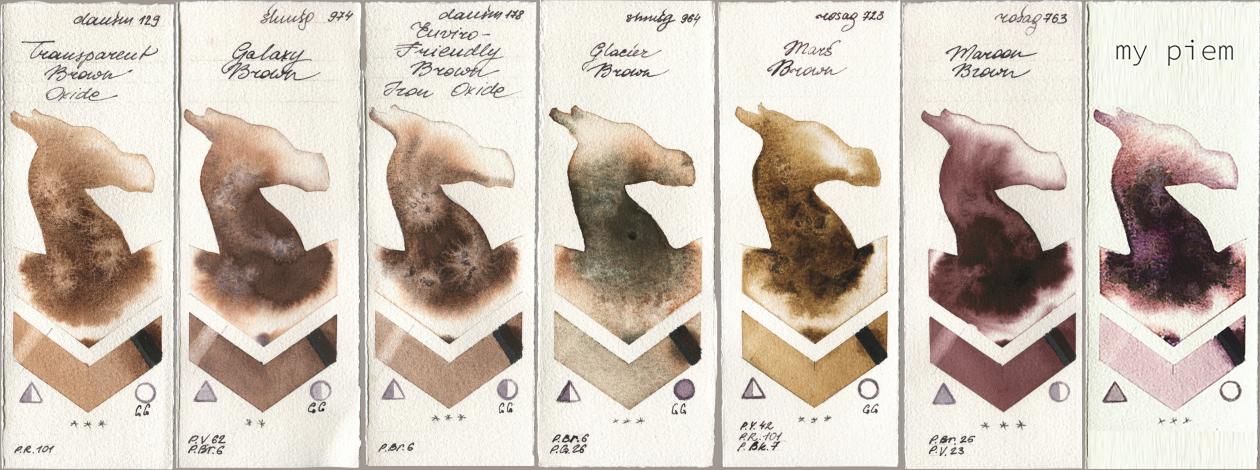 Daniel Smith 129 Transparent Brown Oxide, Shminke Horadam Aquarell 974 Galaxy Brown, 178 Enviro-Friendly Brown Iron Oxide, 964 Glacier Brown, Rosa Gallery 723 Mars Brown, 763 Maroon Brown, my 191 pi watercolor swatch