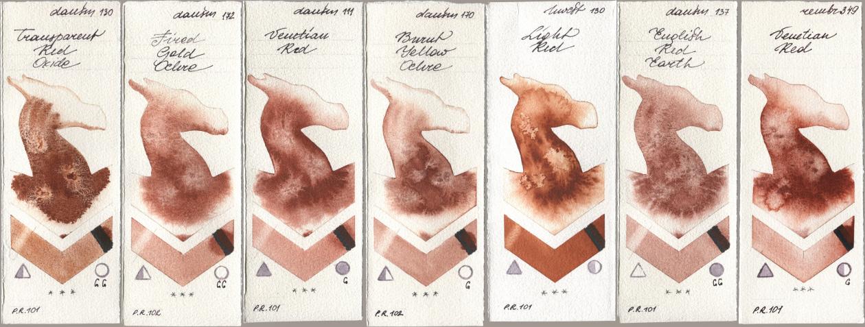 Daniel Smith 130 Transparent Red Oxide, 172 Fired Gold Ochre, 111 Venetian Red, 170 Burnt Yellow Ochre, Holbein Artists Watercolor 130 Light Red, 137 English Red Earth, Royal Talens Rembrandt Watercolour 349 Venerian R watercolor swatch