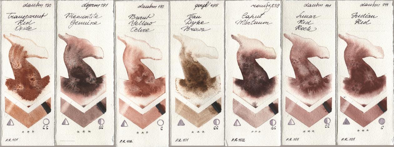 Daniel Smith 130 Transparent Red Oxide, 191 Piemontite Genuine, 170 Burnt Yellow Ochre, Golden QOR 495 Van Dyke Brown, Roman Szmal Aquarius 239 Caput Mortuum, 141 Lunar Red Rock, 044 Indian R watercolor swatch