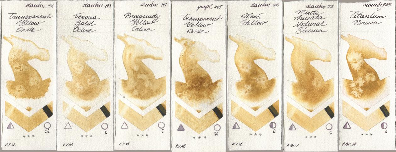 Daniel Smith 131 Transparent Yellow Oxide, 123 Verona Gold Ochre, 147 Burgundy Yellow Ochre, Golden QOR 445 Transparent Yellow Oxide, 054 Mars Yellow, 056 Monte Amiata Natural Sienna, Roman Szmal Aquarius 265 Titanium Bro watercolor swatch