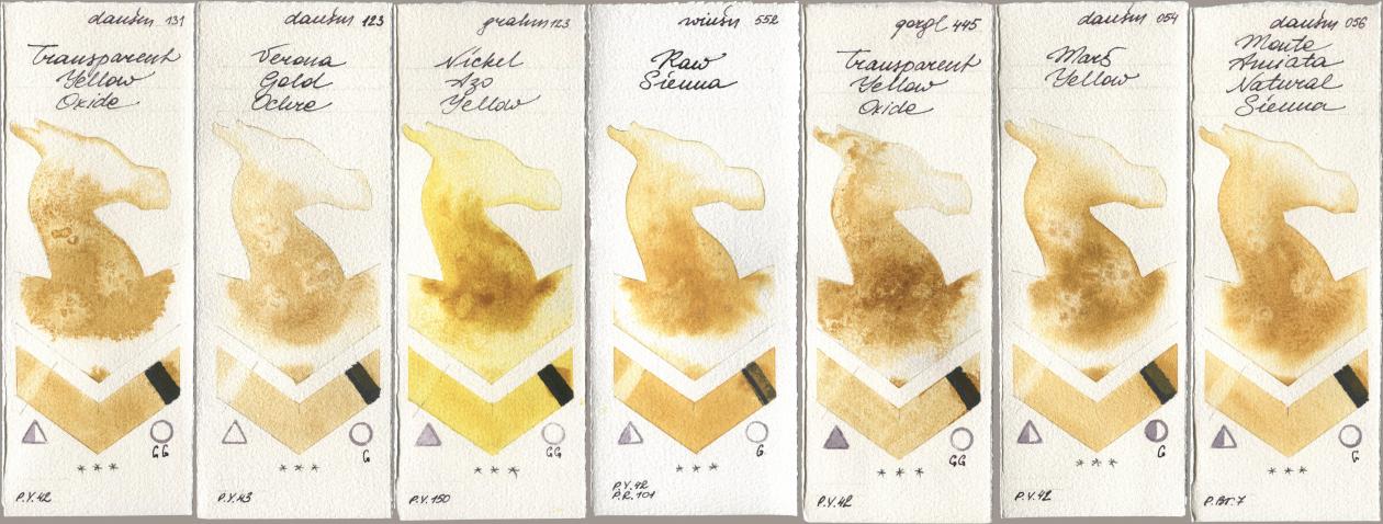 Daniel Smith 131 Transparent Yellow Oxide, 123 Verona Gold Ochre, M. Graham & Co. Artists 123 Nickel Azo Yellow, Winsor & Newton Professional 552 Raw Sienna, Golden QOR 445 Transparent Yellow Oxide, 054 Mars Yellow, 056 Monte Amiata Natural Sien watercolor swatch