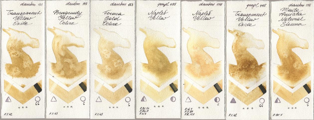 Daniel Smith 131 Transparent Yellow Oxide, 147 Burgundy Yellow Ochre, 123 Verona Gold Ochre, Golden QOR 435 Naples Yellow, 058 Naples Yellow, 445 Transparent Yellow Oxide, 056 Monte Amiata Natural Sien watercolor swatch