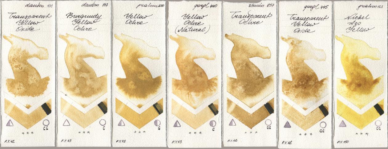 Daniel Smith 131 Transparent Yellow Oxide, 147 Burgundy Yellow Ochre, M. Graham & Co. Artists 200 Yellow Ochre, Golden QOR 440 Yellow Ochre (Natural), Shminke Horadam Aquarell 657 Transparent Ochre, 445 Transparent Yellow Oxide, 123 Nickel Azo Yell watercolor swatch