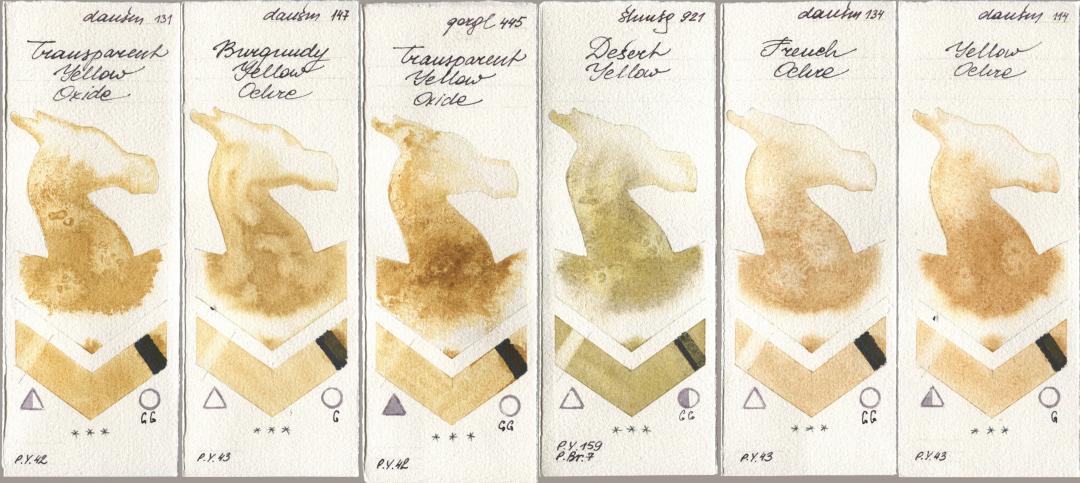 Daniel Smith 131 Transparent Yellow Oxide, 147 Burgundy Yellow Ochre, Golden QOR 445 Transparent Yellow Oxide, Shminke Horadam Aquarell 921 Desert Yellow, 134 French Ochre, 114 Yellow Och watercolor swatch