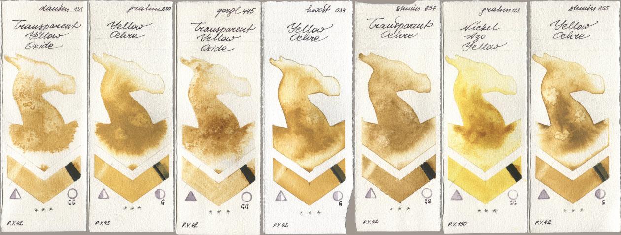 Daniel Smith 131 Transparent Yellow Oxide, M. Graham & Co. Artists 200 Yellow Ochre, Golden QOR 445 Transparent Yellow Oxide, Holbein Artists Watercolor 034 Yellow Ochre, Shminke Horadam Aquarell 657 Transparent Ochre, 123 Nickel Azo Yellow, 655 Yellow Och watercolor swatch