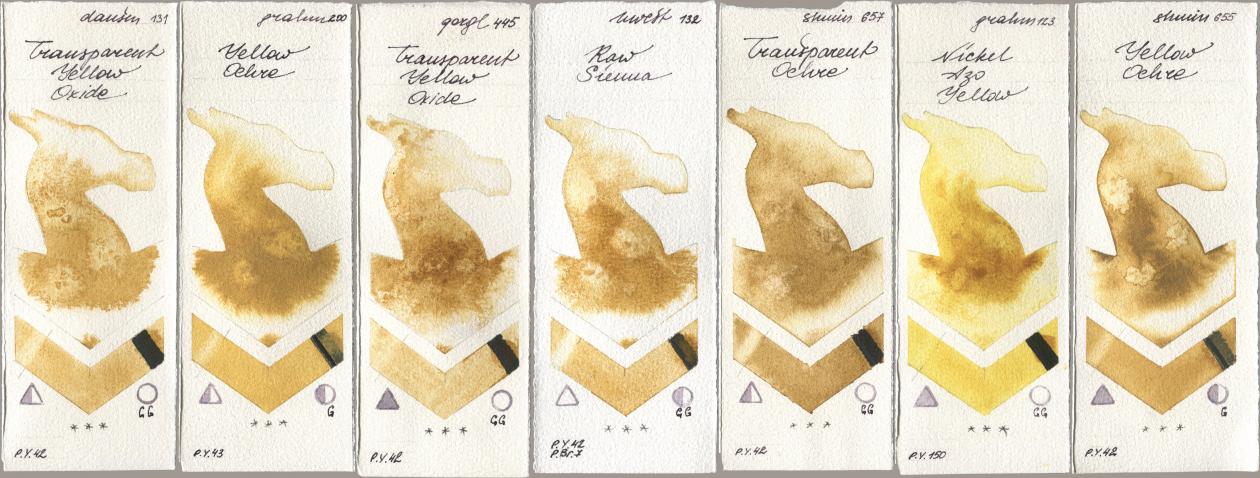 Daniel Smith 131 Transparent Yellow Oxide, M. Graham & Co. Artists 200 Yellow Ochre, Golden QOR 445 Transparent Yellow Oxide, Holbein Artists Watercolor 132 Raw Sienna, Shminke Horadam Aquarell 657 Transparent Ochre, 123 Nickel Azo Yellow, 655 Yellow Och watercolor swatch