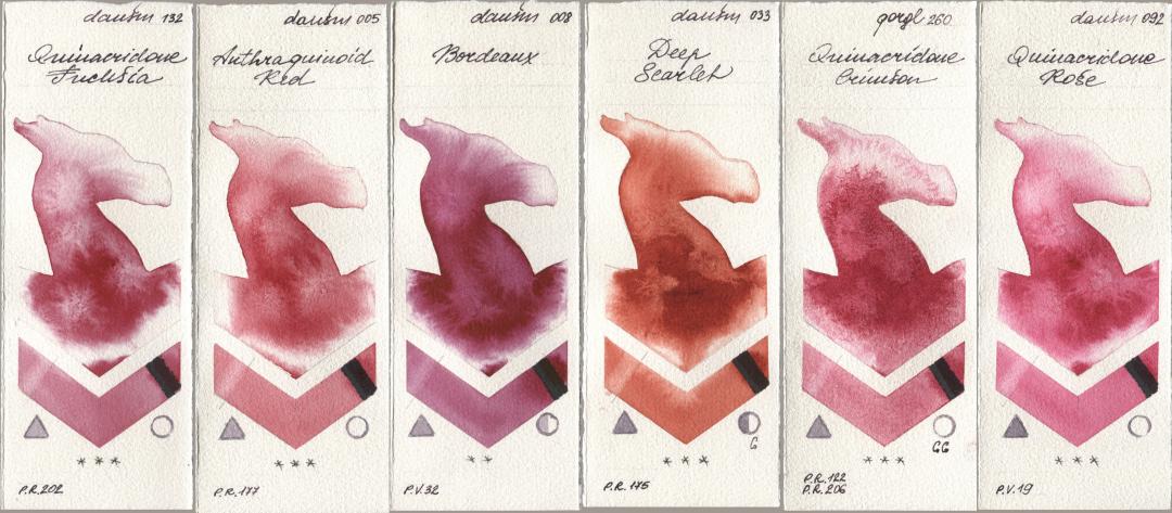 Daniel Smith 132 Quinacridone Fuchsia, 005 Anthraquinoid Red, 008 Bordeaux, 033 Deep Scarlet, Golden QOR 260 Quinacridone Crimson, 092 Quinacridone Ro watercolor swatch