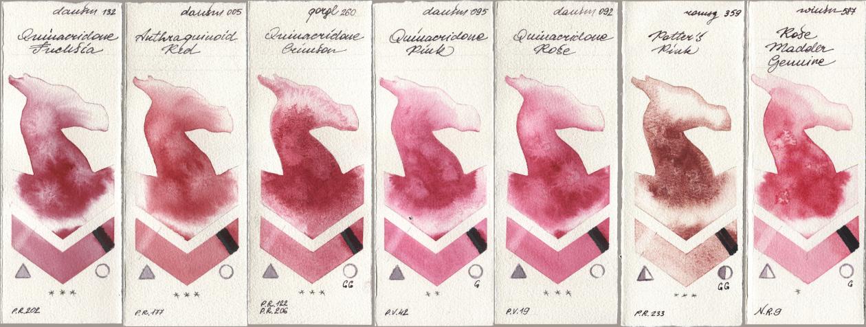 Daniel Smith 132 Quinacridone Fuchsia, 005 Anthraquinoid Red, Golden QOR 260 Quinacridone Crimson, 095 Quinacridone Pink, 092 Quinacridone Rose, Roman Szmal Aquarius 359 Potters Pink, Winsor & Newton Professional 587 Rose Madder Genui watercolor swatch