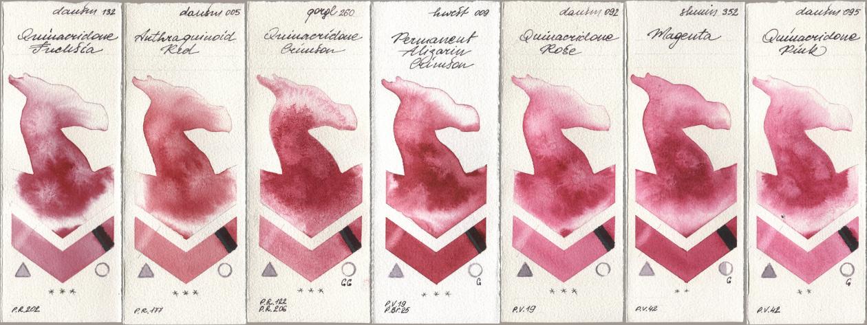 Daniel Smith 132 Quinacridone Fuchsia, 005 Anthraquinoid Red, Golden QOR 260 Quinacridone Crimson, Holbein Artists Watercolor 009 Permanent Alizarin Crimson, 092 Quinacridone Rose, Shminke Horadam Aquarell 352 Magenta, 095 Quinacridone Pi watercolor swatch