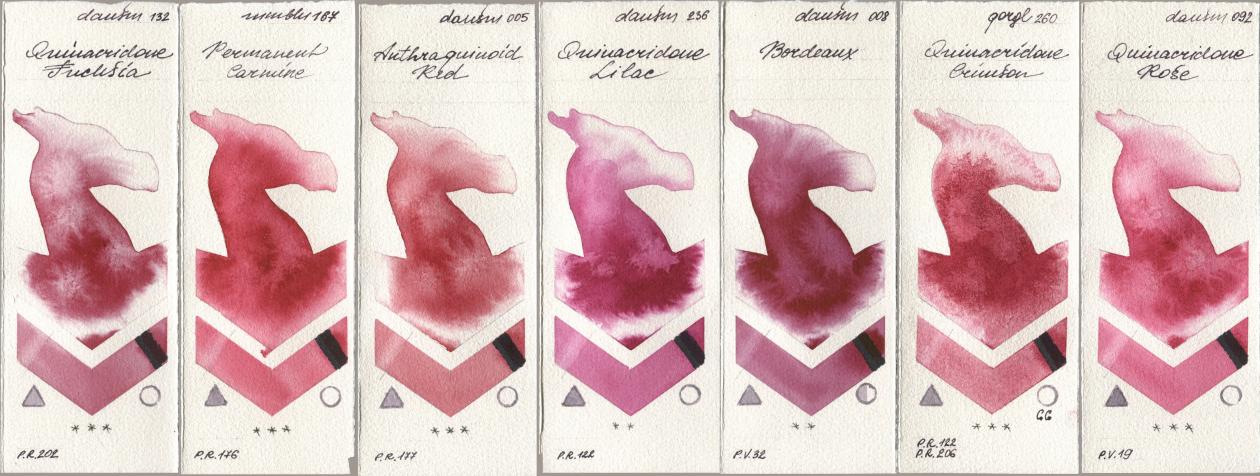 Daniel Smith 132 Quinacridone Fuchsia, Maimeri Blu 167 Permanent Carmine, 005 Anthraquinoid Red, 236 Quinacridone Lilac, 008 Bordeaux, Golden QOR 260 Quinacridone Crimson, 092 Quinacridone Ro watercolor swatch