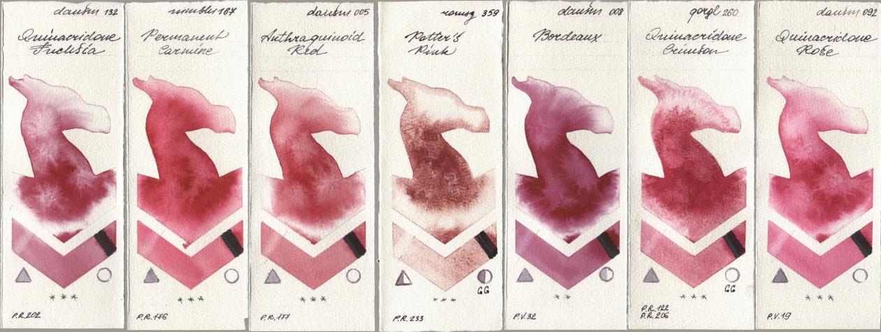 Daniel Smith 132 Quinacridone Fuchsia, Maimeri Blu 167 Permanent Carmine, 005 Anthraquinoid Red, Roman Szmal Aquarius 359 Potters Pink, 008 Bordeaux, Golden QOR 260 Quinacridone Crimson, 092 Quinacridone Ro watercolor swatch