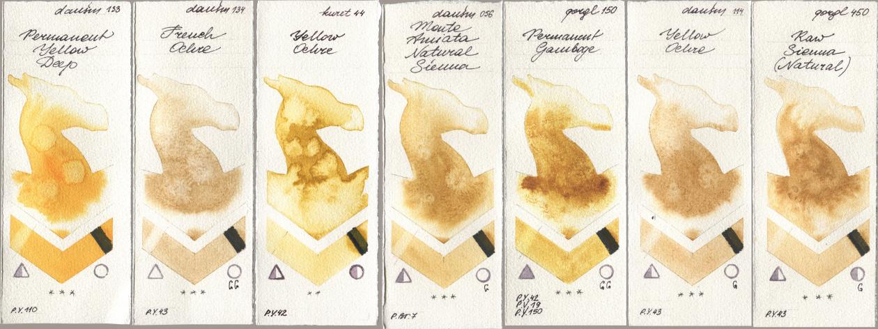 Daniel Smith 133 Permanent Yellow Deep, 134 French Ochre, Kuretake Gansai Tambi 044 Yellow Ochre, 056 Monte Amiata Natural Sienna, Golden QOR 150 Permanent Gamboge, 114 Yellow Ochre, 450 Raw Sienna (Natura watercolor swatch