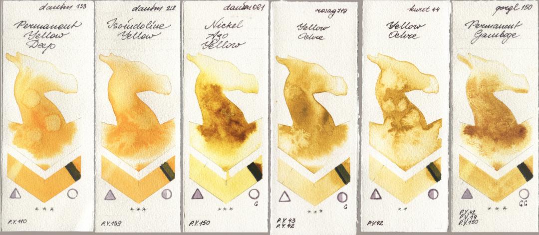 Daniel Smith 133 Permanent Yellow Deep, 218 Isoindoline Yellow, 061 Nickel Azo Yellow, Rosa Gallery 719 Yellow Ochre, Kuretake Gansai Tambi 044 Yellow Ochre, Golden QOR 150 Permanent Gambo watercolor swatch