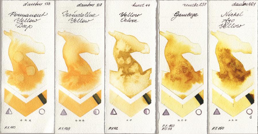 Daniel Smith 133 Permanent Yellow Deep, 218 Isoindoline Yellow, Kuretake Gansai Tambi 044 Yellow Ochre, Royal Talens Rembrandt Watercolour 238 Gamboge, 061 Nickel Azo Yell watercolor swatch