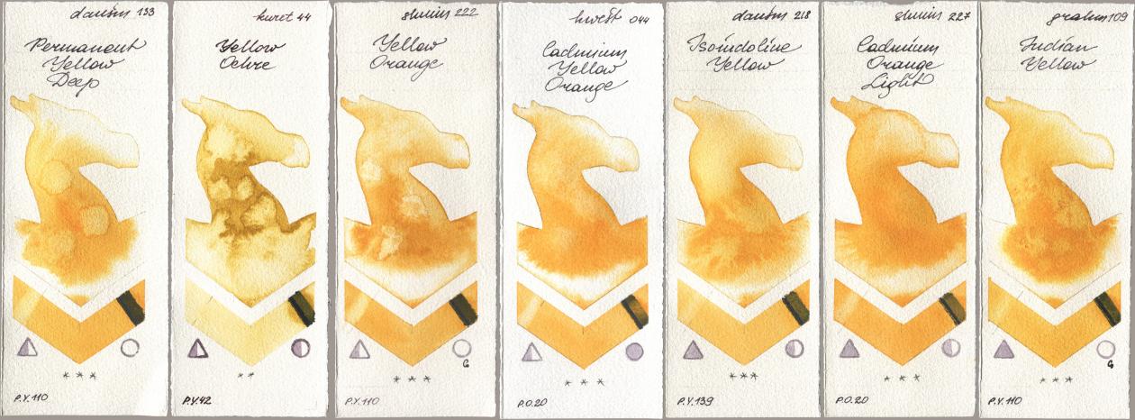 Daniel Smith 133 Permanent Yellow Deep, Kuretake Gansai Tambi 044 Yellow Ochre, Shminke Horadam Aquarell 222 Yellow Orange, Holbein Artists Watercolor 044 Cadmium Yellow Orange, 218 Isoindoline Yellow, 227 Cadmium Orange Light, M. Graham & Co. Artists 109 Indian Yell watercolor swatch